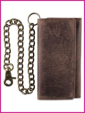 RFID Blocking Cowhide Leather Tri-fold Chain Wallet Stainless Steel